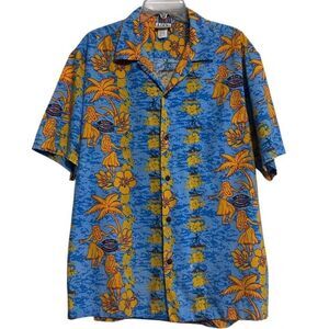 Vtg 90s UTY Apparel Hawaiian Shirt Mens XL Blue Yellow Button Front Short Sleeve